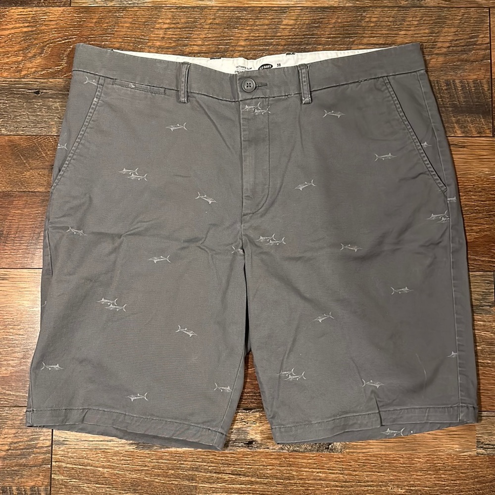 old navy ultimate slim 9 in shorts with swordfish print